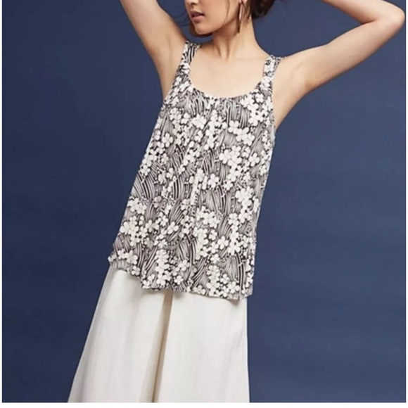 Anthropologie Vanessa Virginia tank top size XS Black/Ivory Floral Print Flowy - Picture 1 of 11